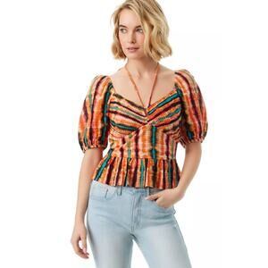 NwT Jessica Simpson 100% Cotton Tie Dye Stripe Smocked Puff Sleeve Blouse XL